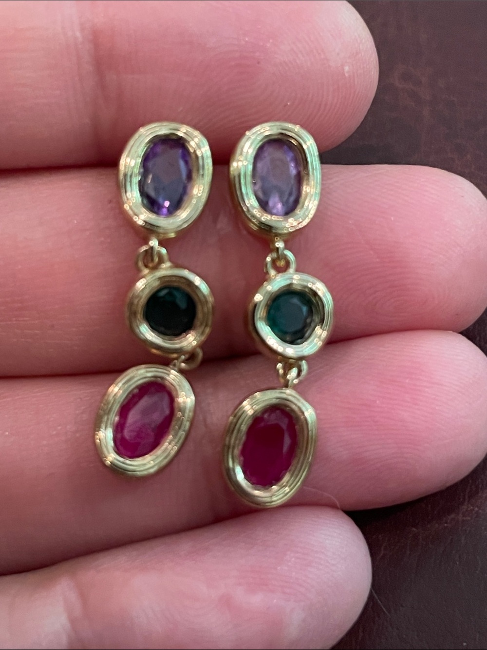 Sterling 925 Gold vermeil  Drop Earrings with amethyst ; emerald and Ruby Stones